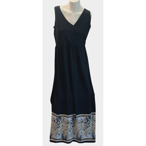 J Jill Wearever Sz XS Maxi Dress Havana Floral Black Surplice Top Stretch Knit